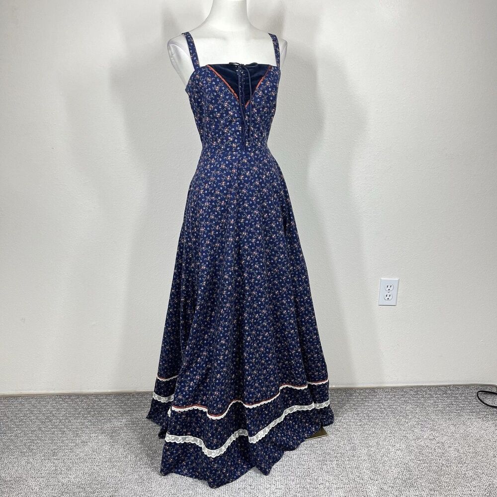 Vintage Gunne Sax Prairie Dress Women 9 Blue Floral Maxi Corset 70s Renaissance - Picture 3 of 11